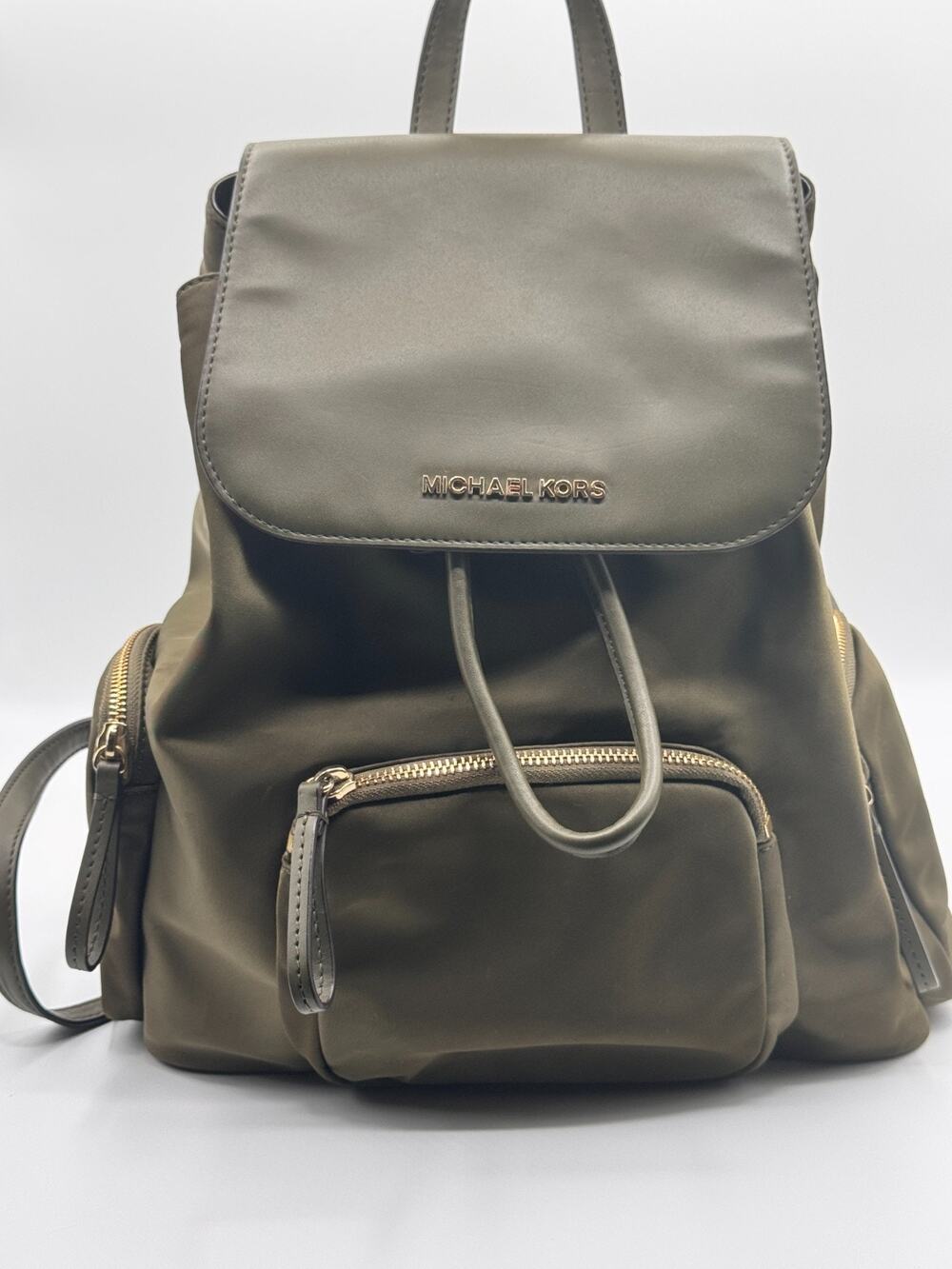 Michael Kors Abbey Large Cargo Backpack Olive Green Nylon Leather Gold Hardware